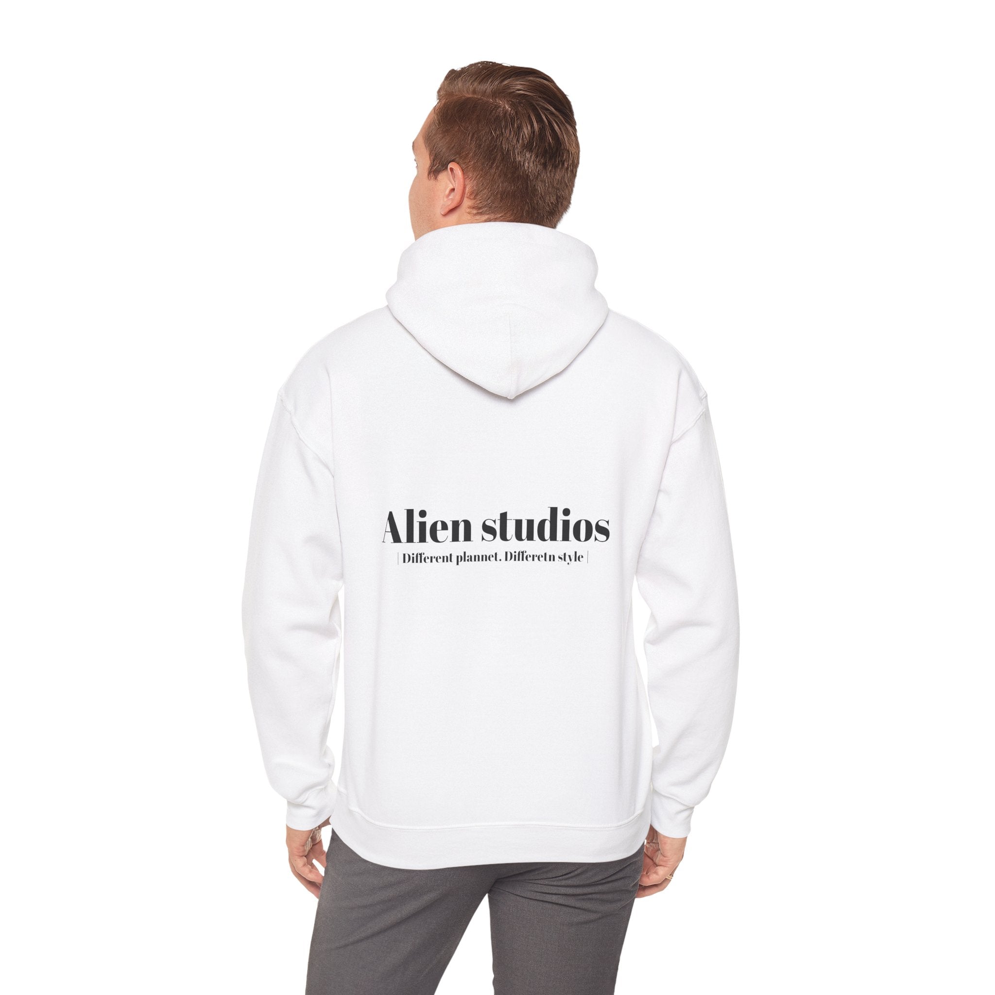 Alien Studios Logo Hoodie | Minimal Back Text, White Pullover