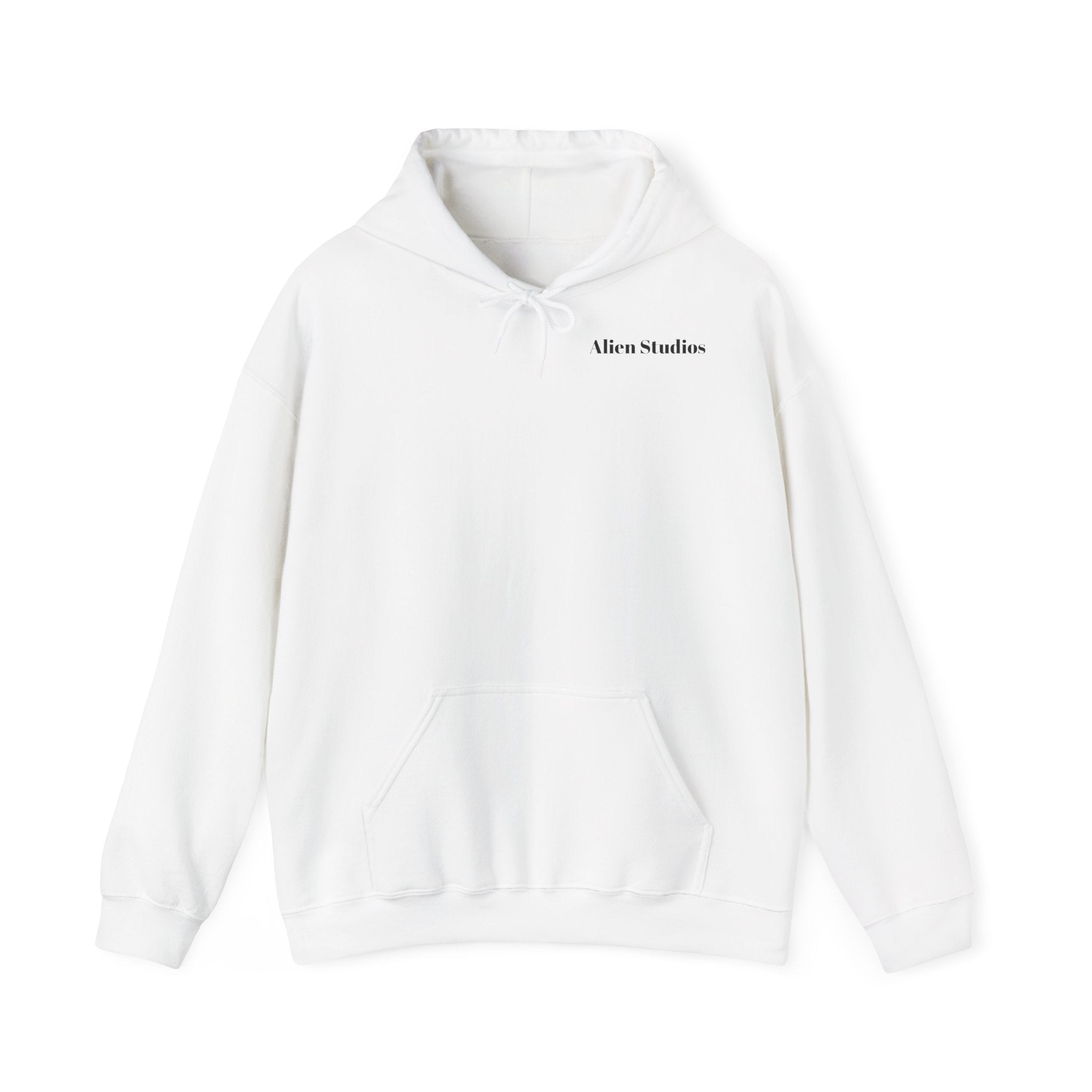 Alien Studios Logo Hoodie | Minimal Back Text, White Pullover