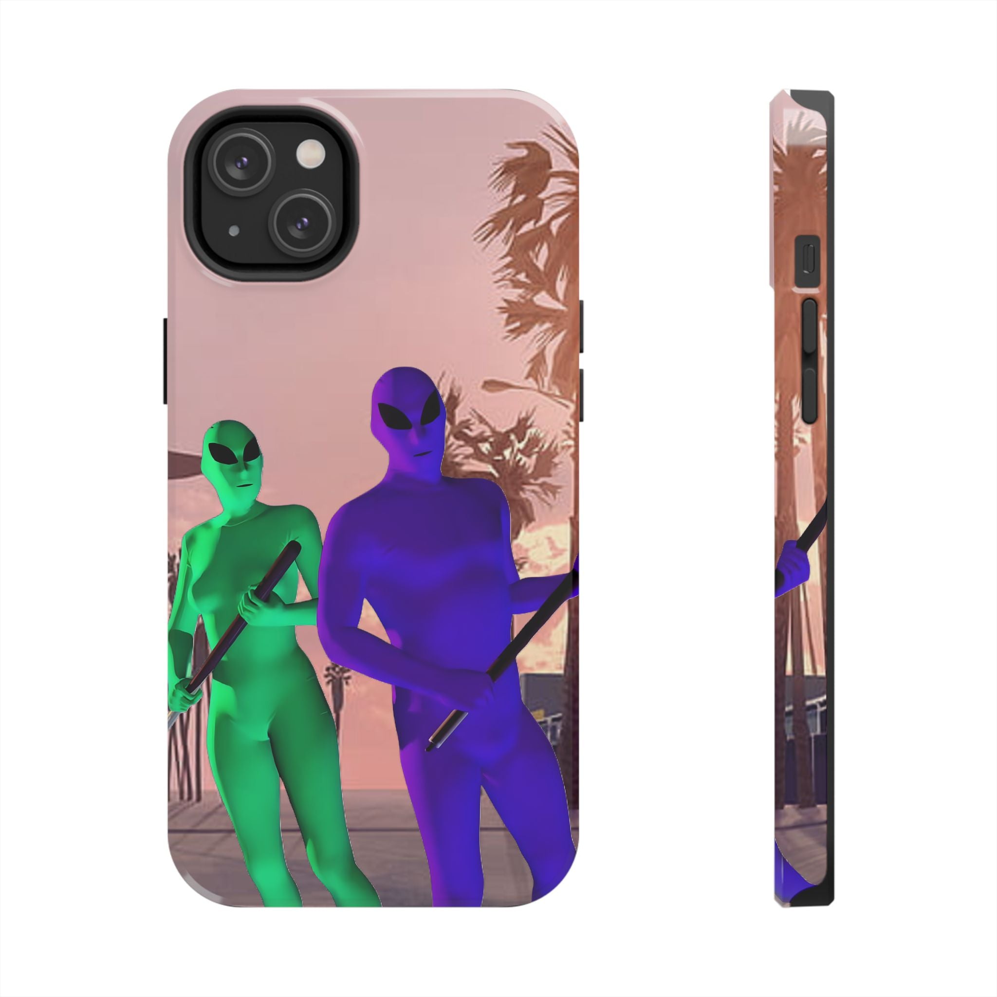 Alien Duo Tough Phone Case — Retro Sunset Sci‑Fi Design