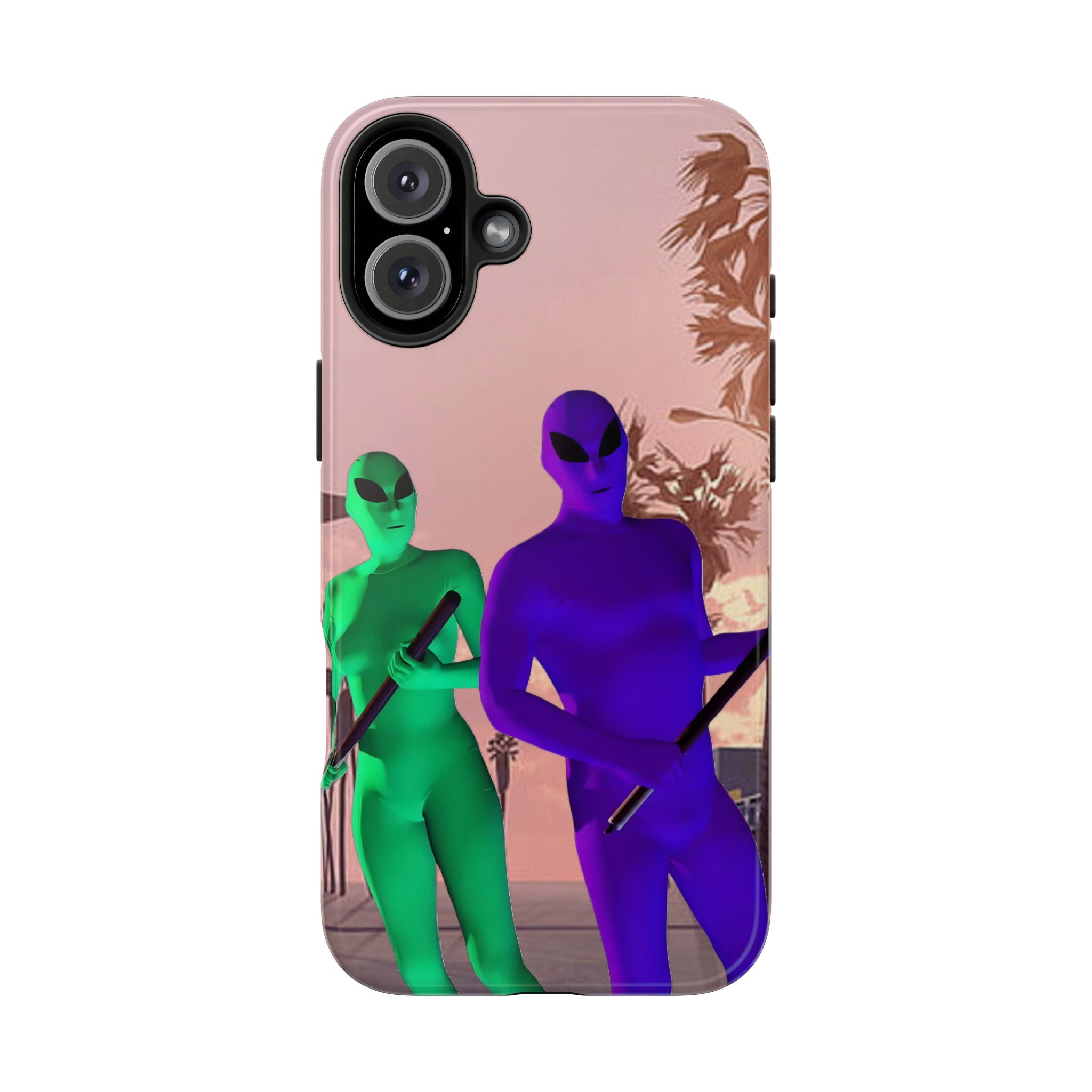 Alien Duo Tough Phone Case — Retro Sunset Sci‑Fi Design