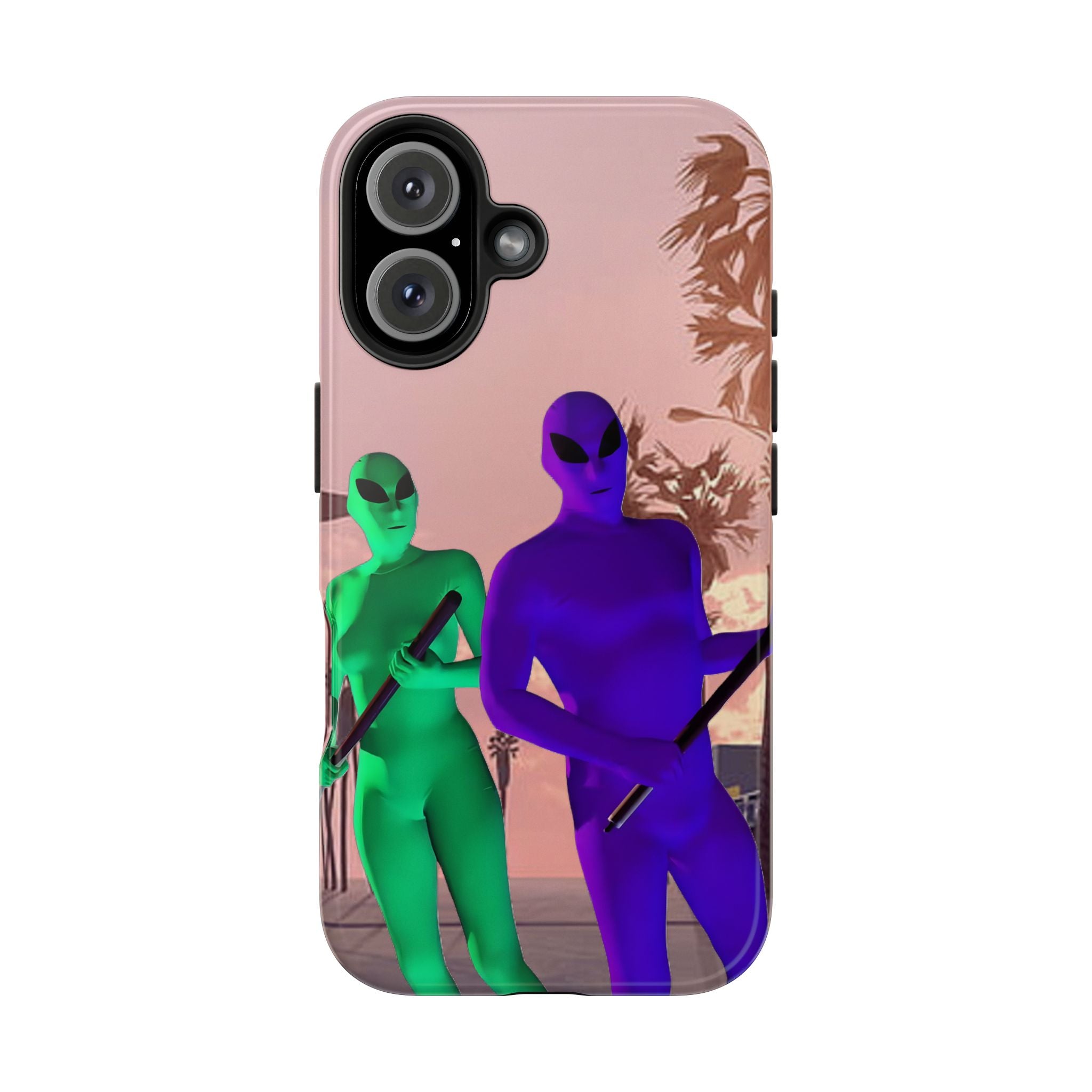 Alien Duo Tough Phone Case — Retro Sunset Sci‑Fi Design