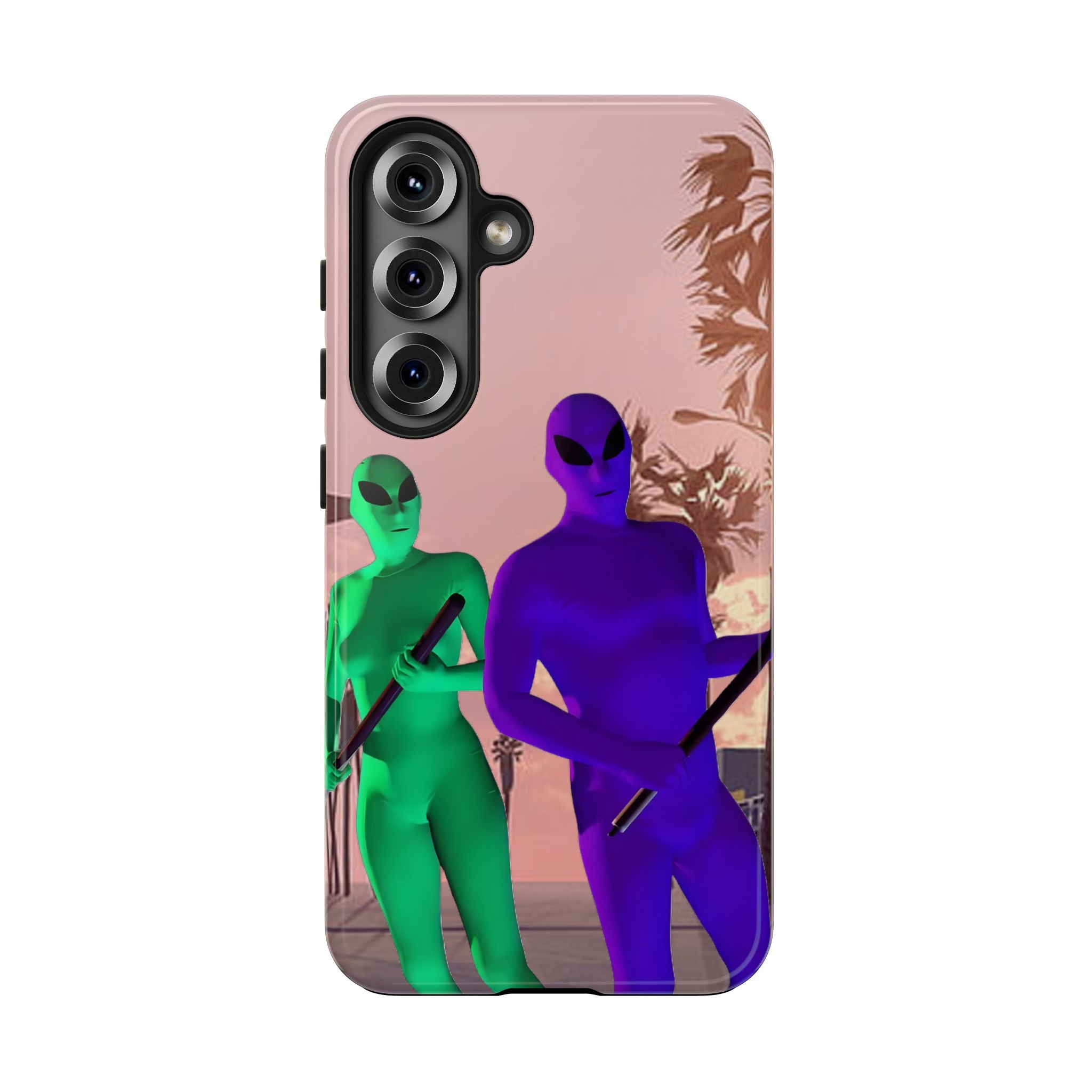 Alien Duo Tough Phone Case — Retro Sunset Sci‑Fi Design