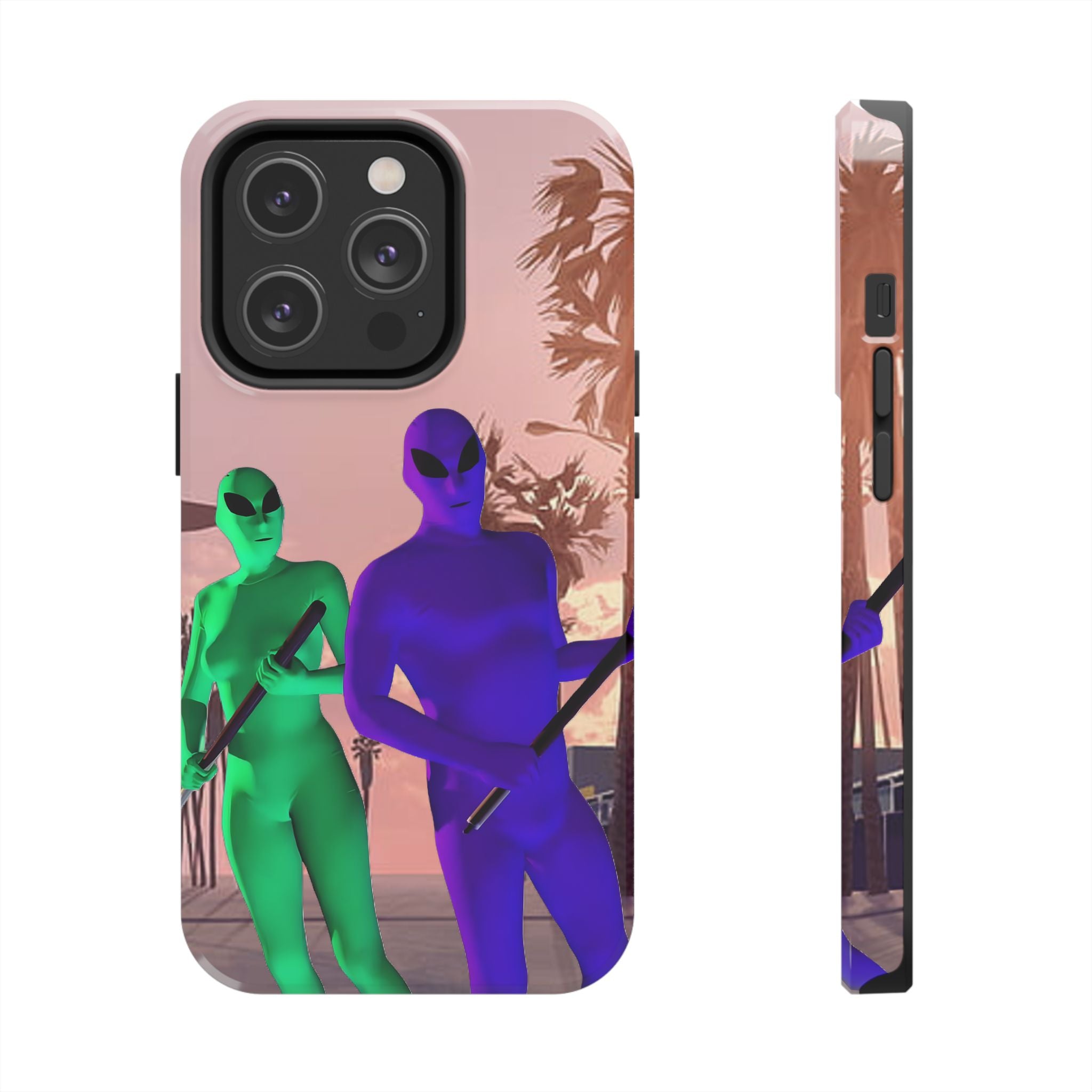 Alien Duo Tough Phone Case — Retro Sunset Sci‑Fi Design