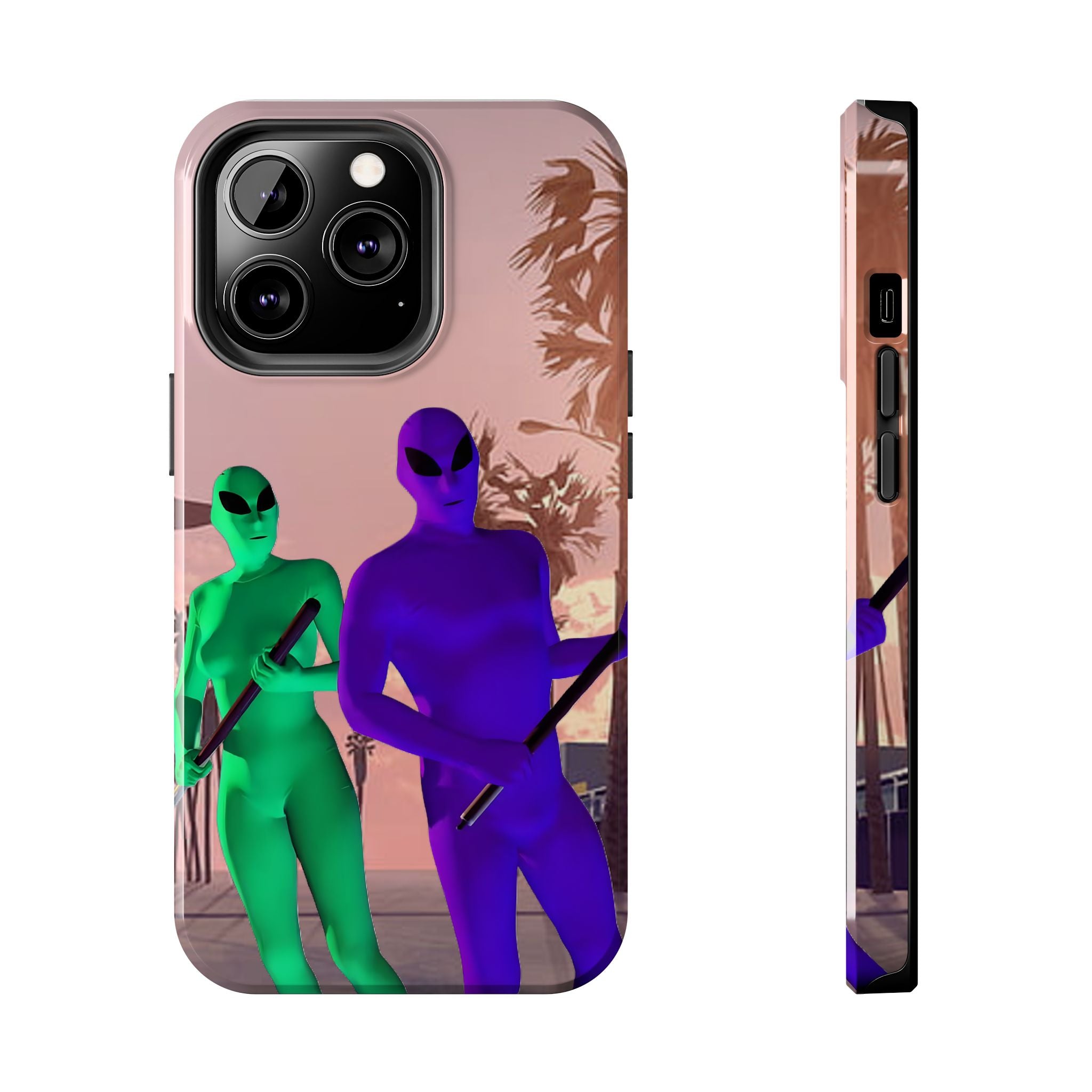 Alien Duo Tough Phone Case — Retro Sunset Sci‑Fi Design