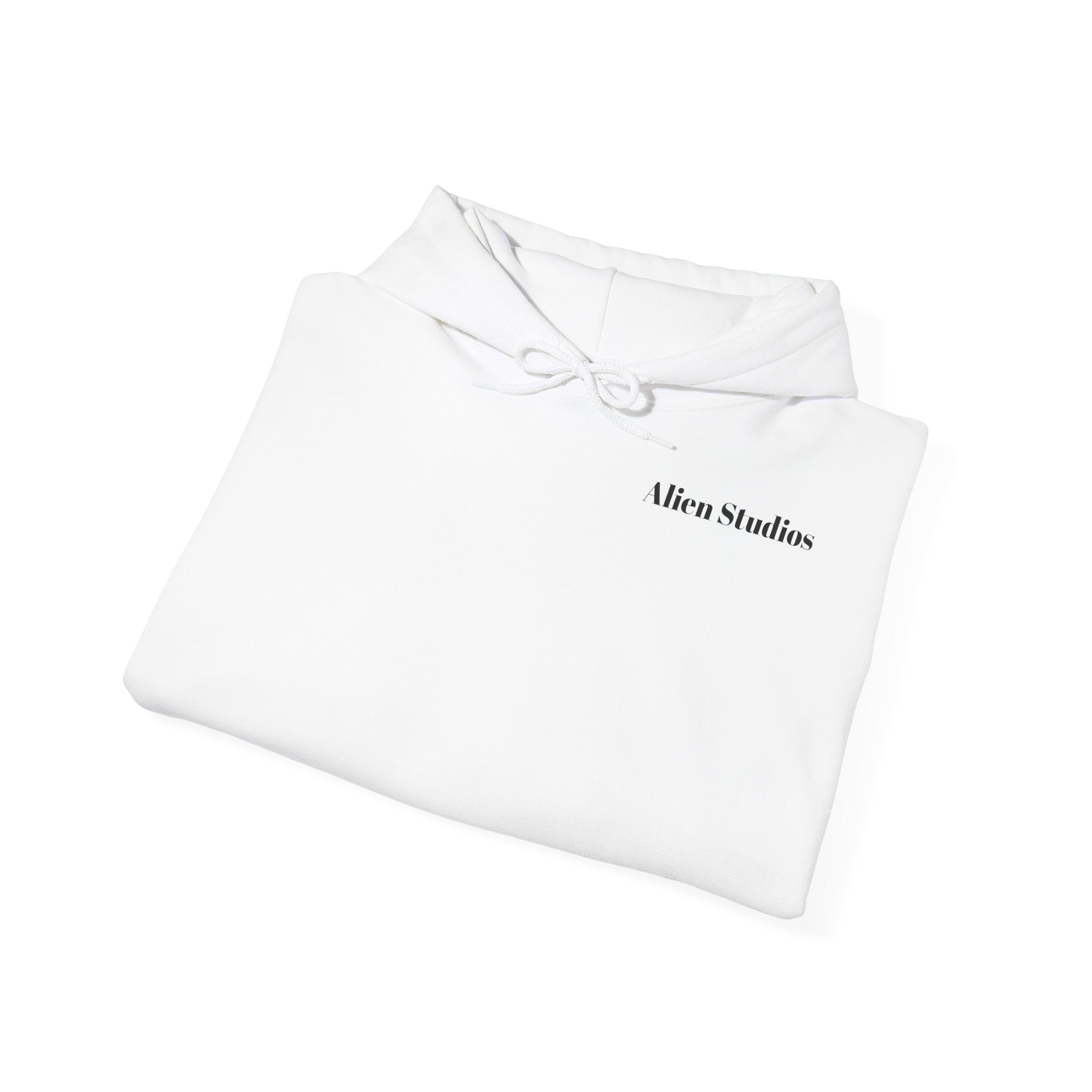 Alien Studios Logo Hoodie | Minimal Back Text, White Pullover