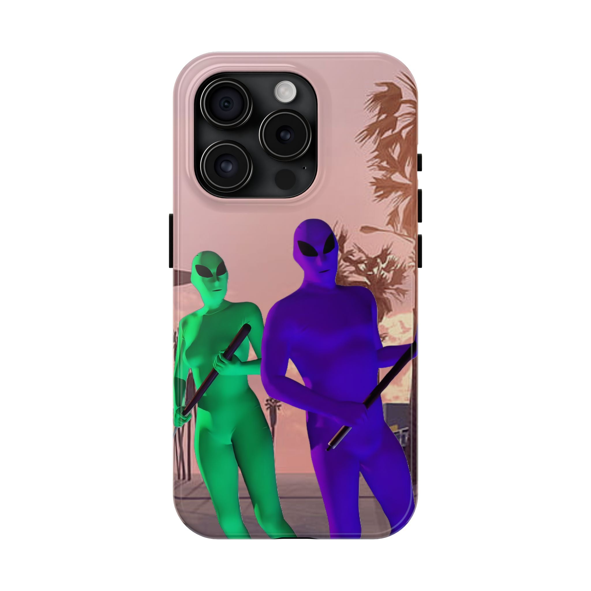 Alien Duo Tough Phone Case — Retro Sunset Sci‑Fi Design