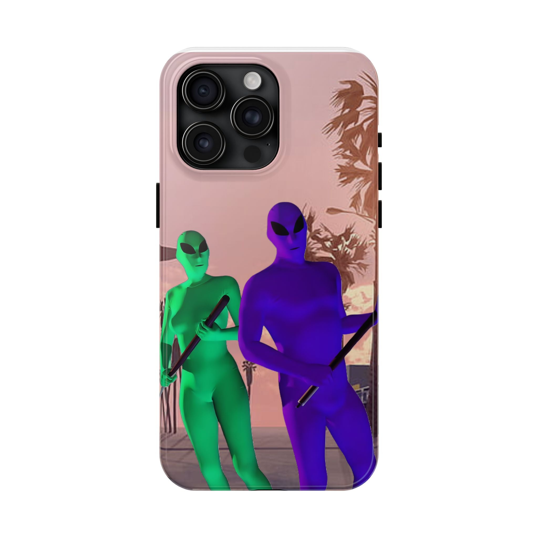 Alien Duo Tough Phone Case — Retro Sunset Sci‑Fi Design