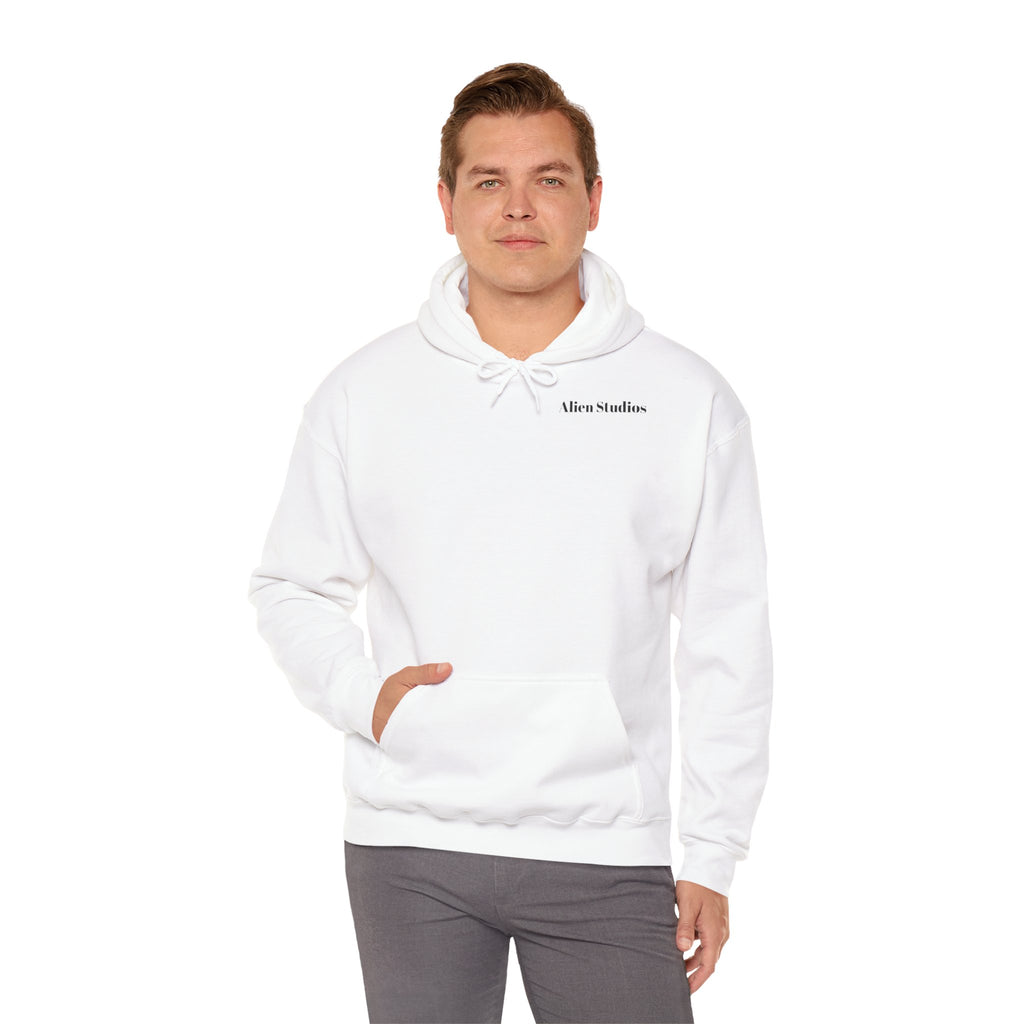 Alien Studios Logo Hoodie | Minimal Back Text, White Pullover