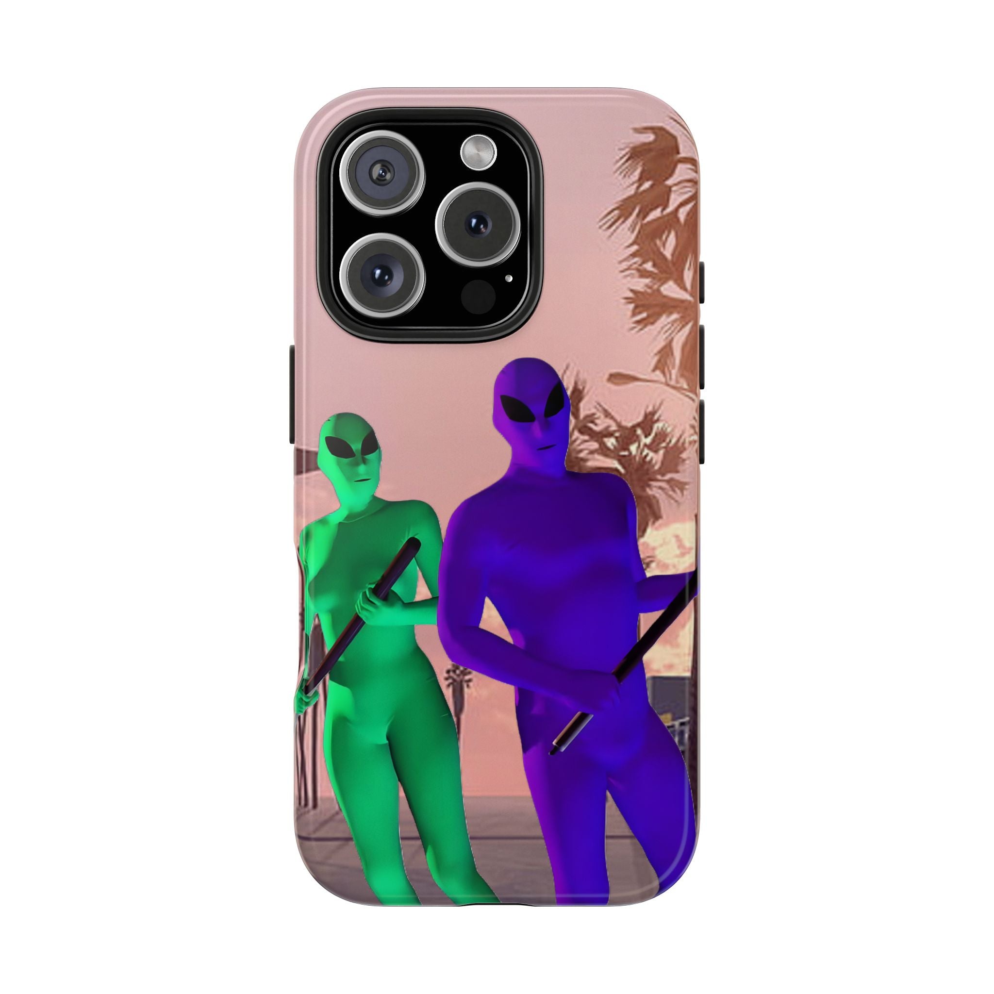 Alien Duo Tough Phone Case — Retro Sunset Sci‑Fi Design