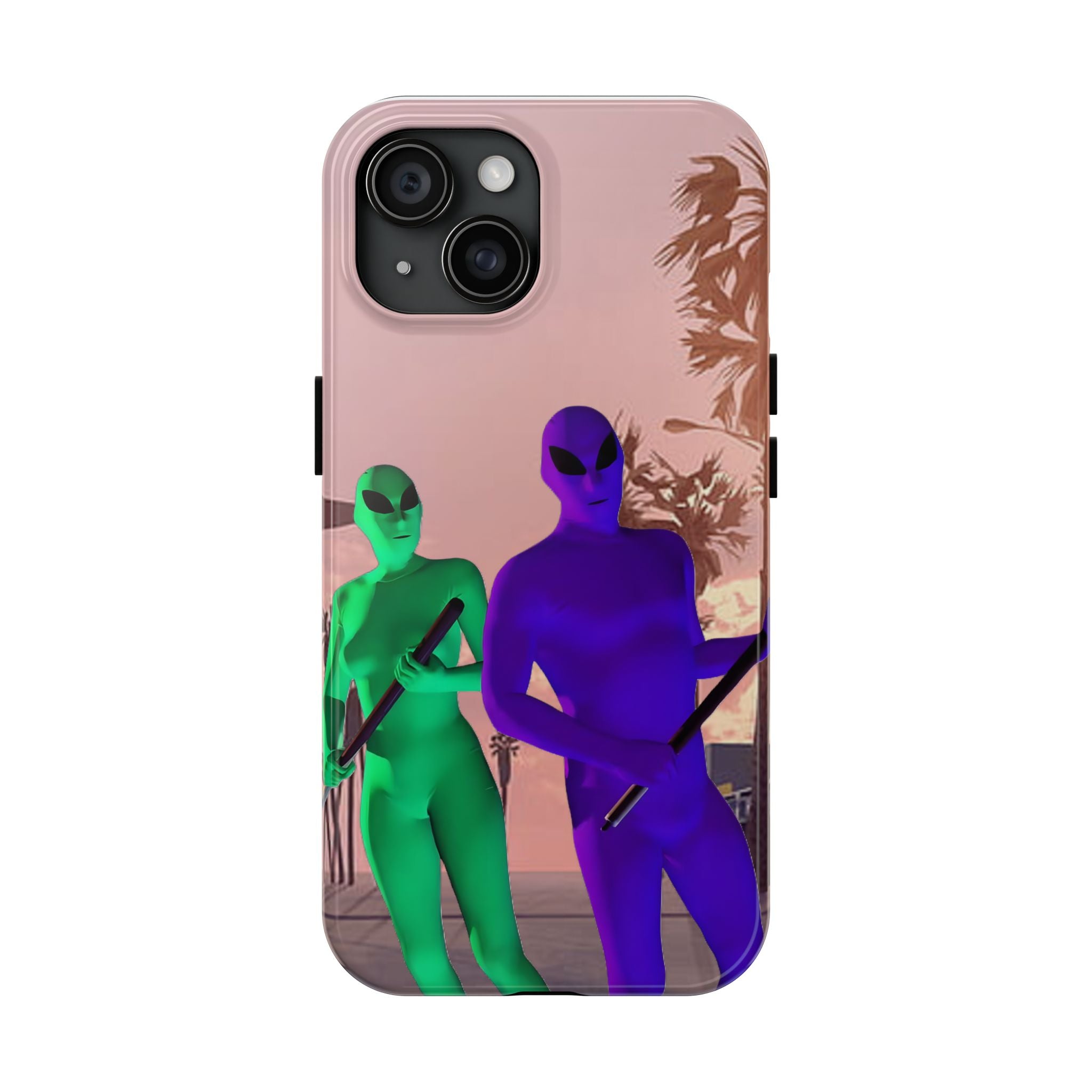 Alien Duo Tough Phone Case — Retro Sunset Sci‑Fi Design