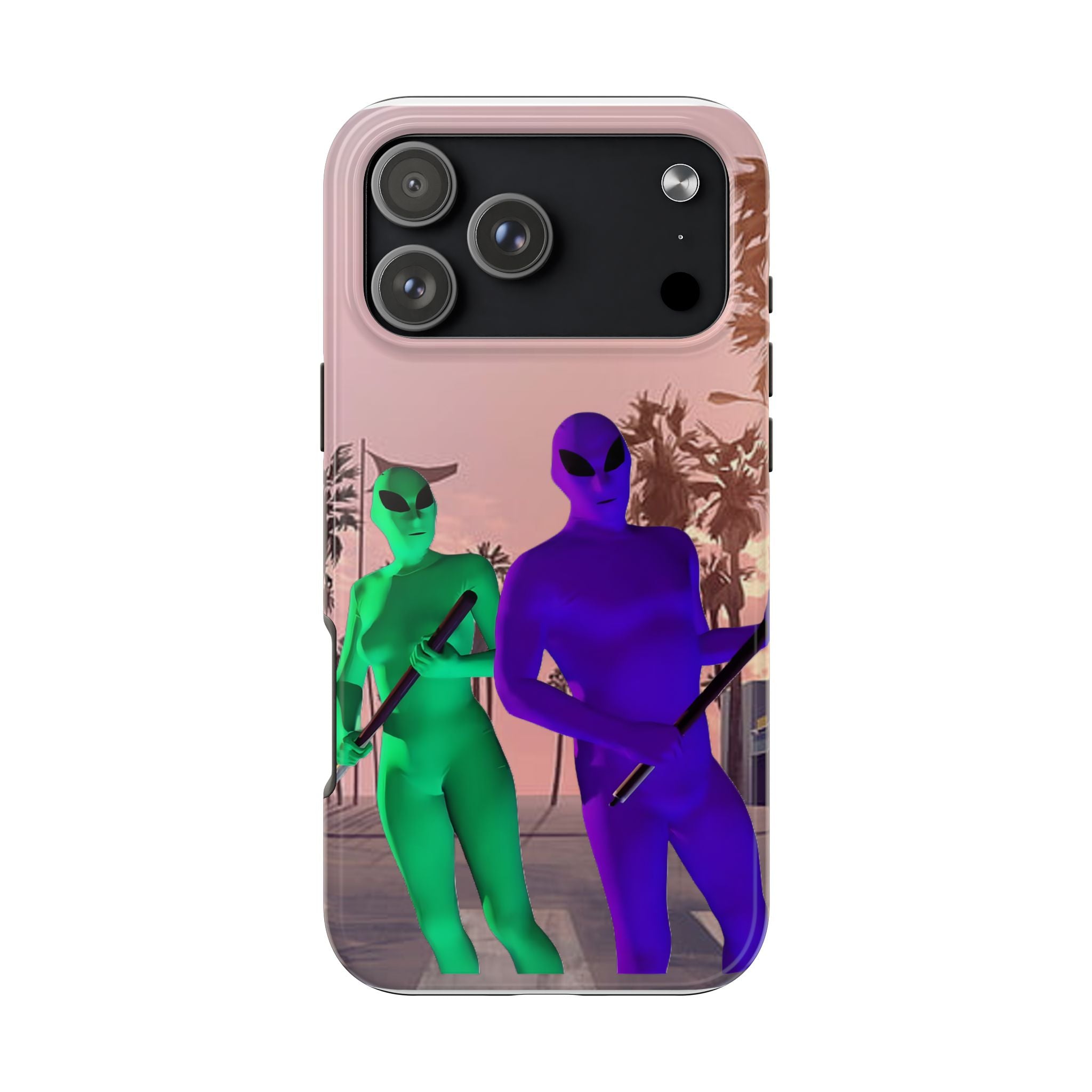 Alien Duo Tough Phone Case — Retro Sunset Sci‑Fi Design