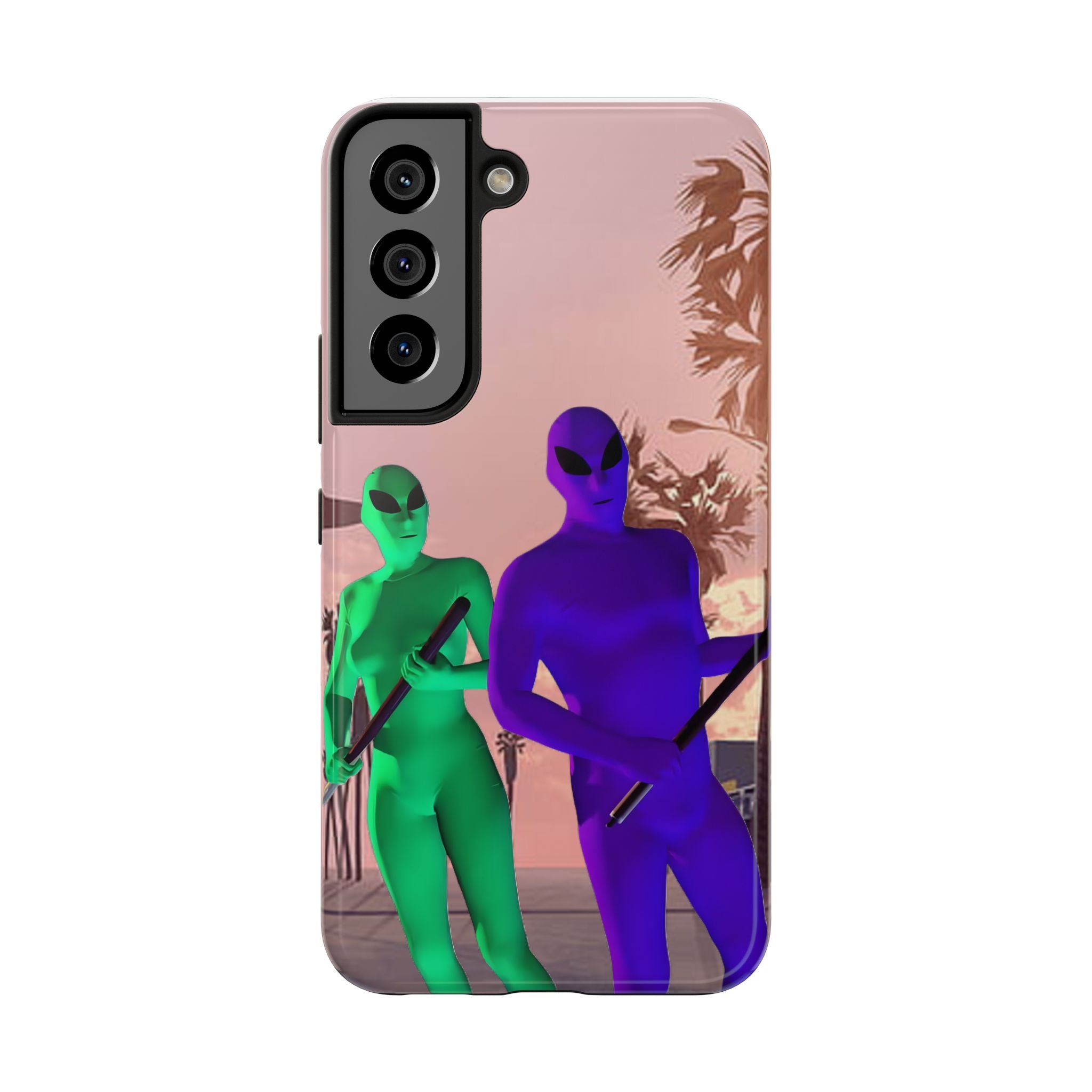 Alien Duo Tough Phone Case — Retro Sunset Sci‑Fi Design
