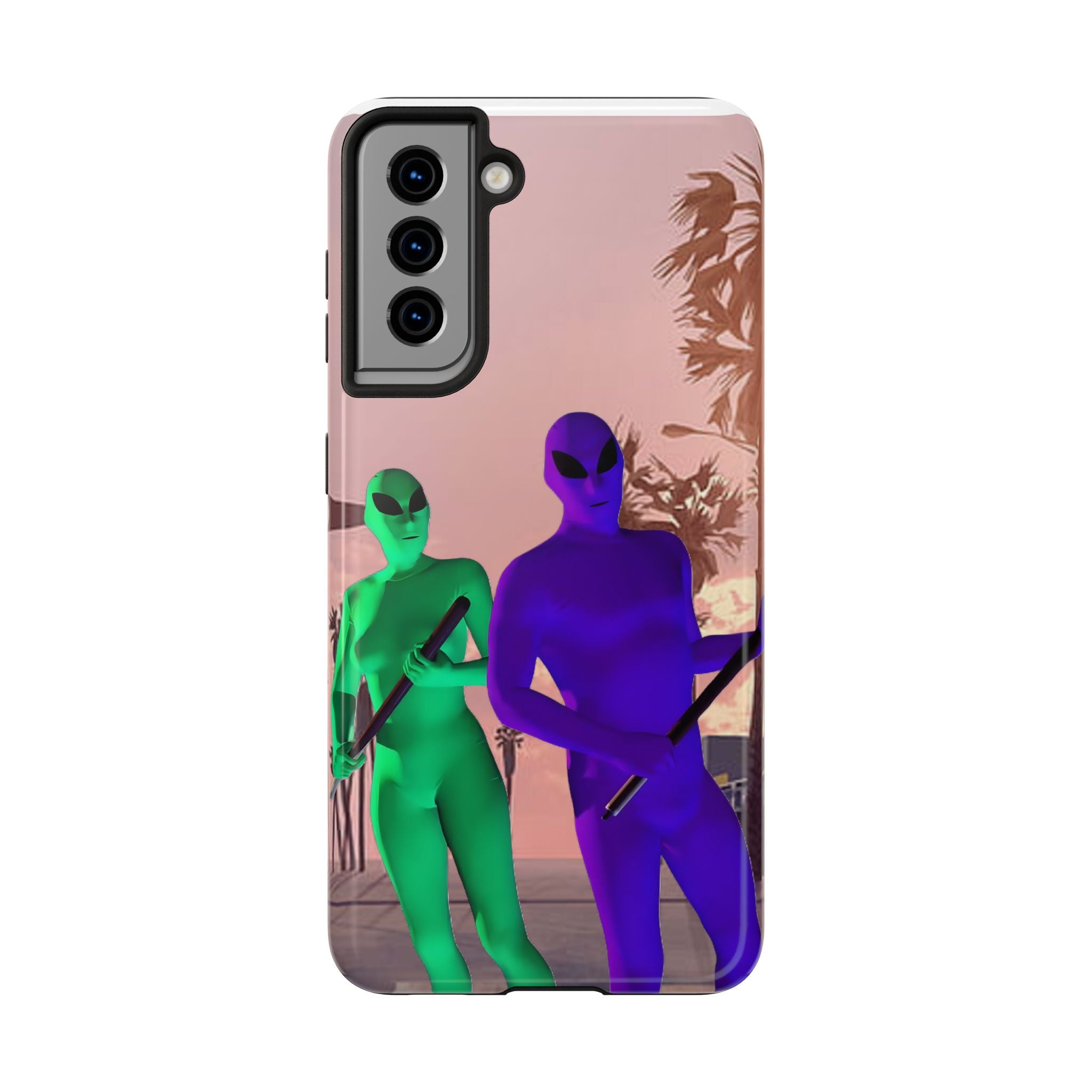 Alien Duo Tough Phone Case — Retro Sunset Sci‑Fi Design