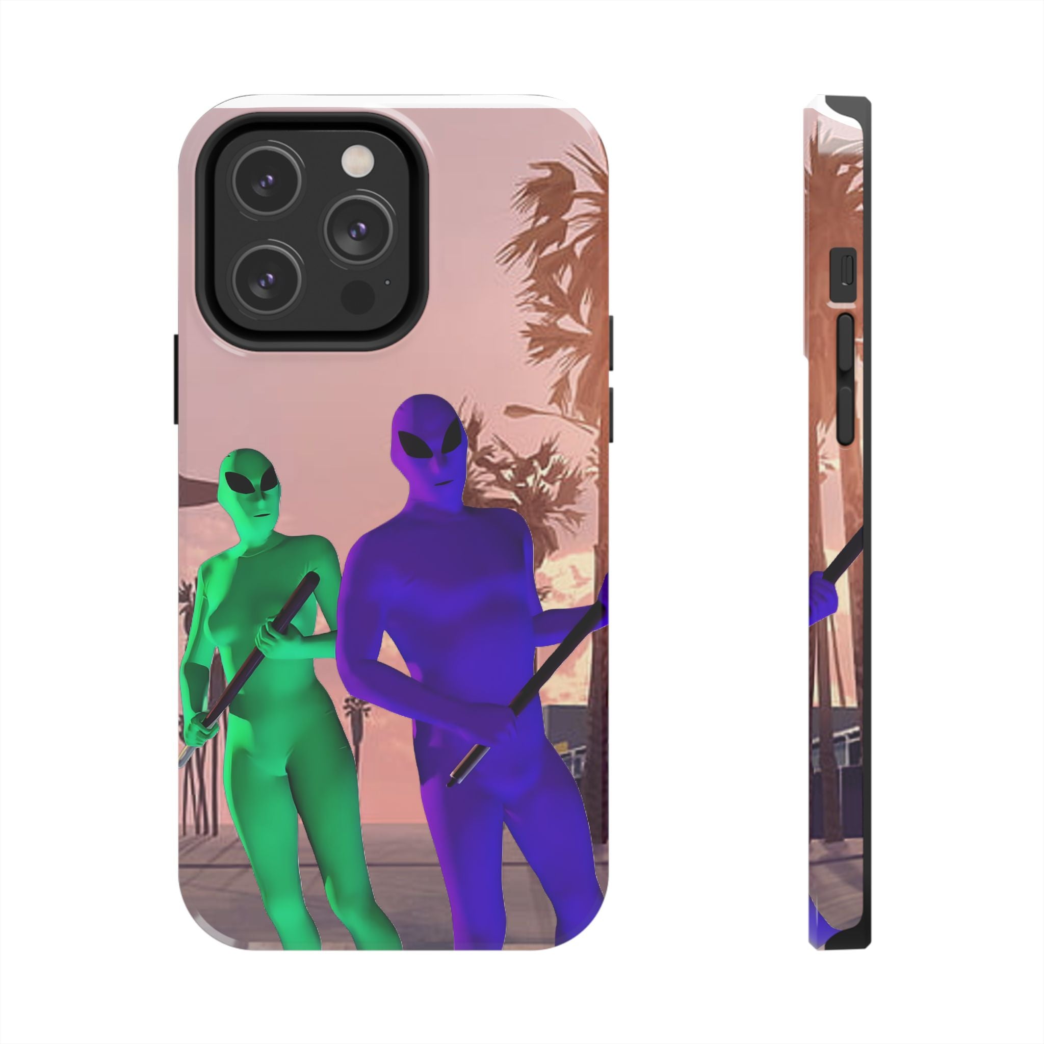 Alien Duo Tough Phone Case — Retro Sunset Sci‑Fi Design