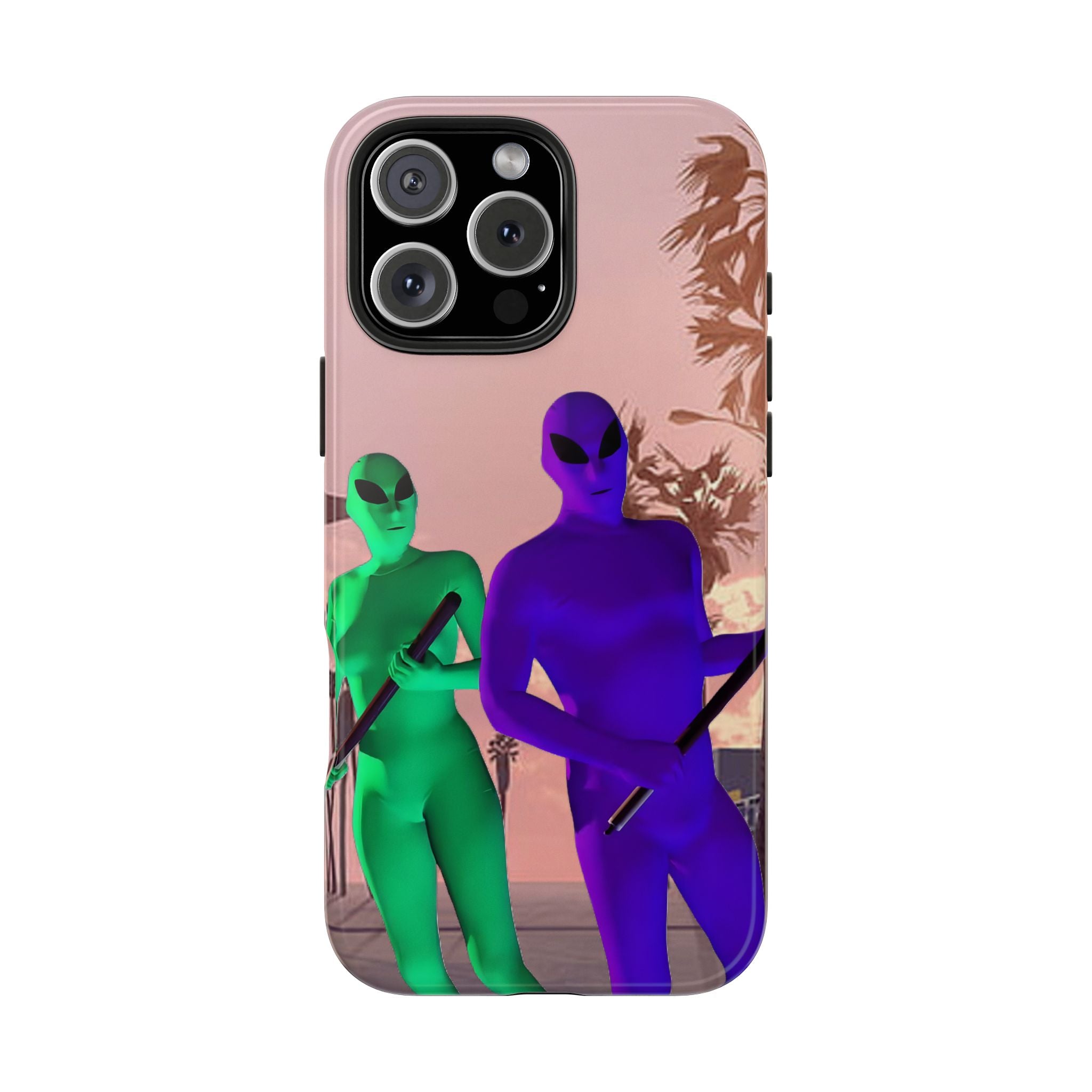 Alien Duo Tough Phone Case — Retro Sunset Sci‑Fi Design