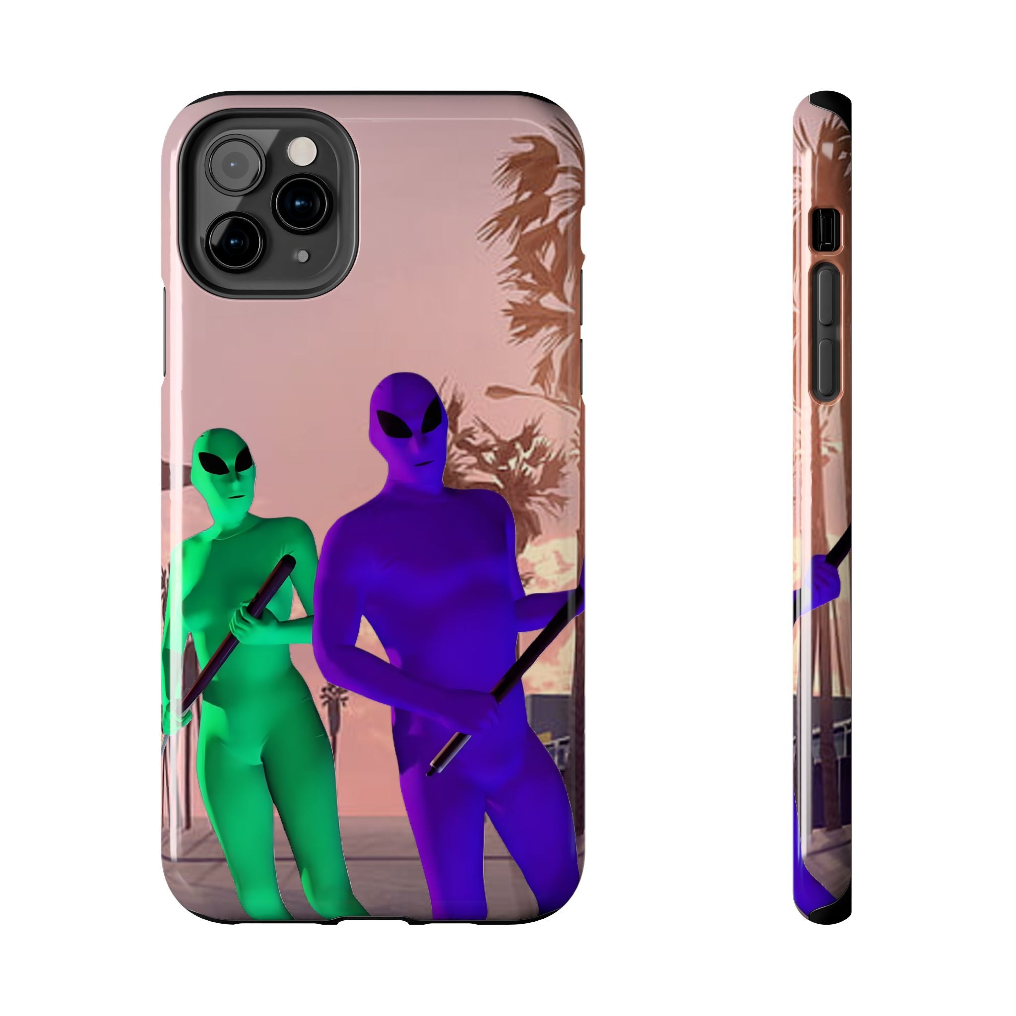 Alien Duo Tough Phone Case — Retro Sunset Sci‑Fi Design