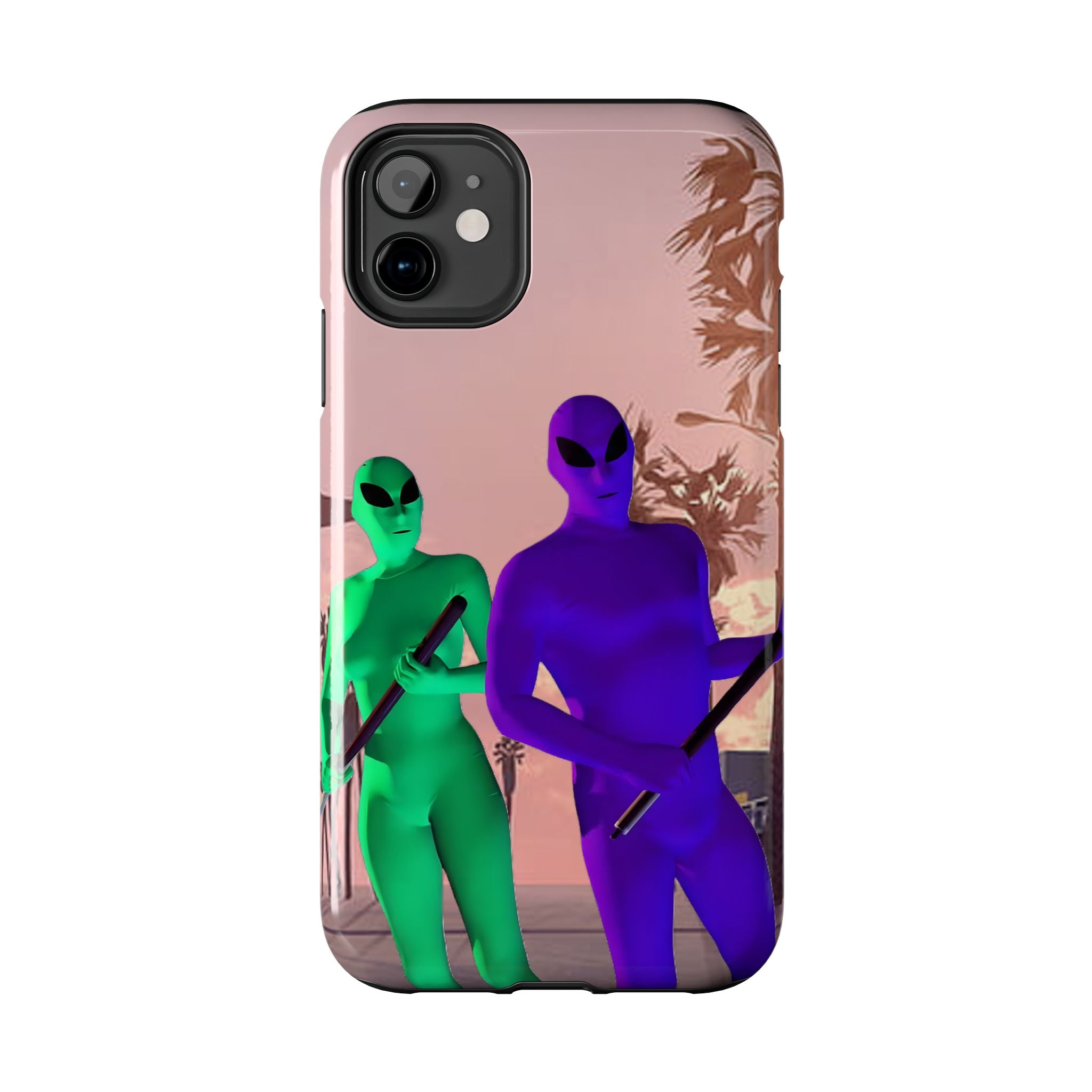 Alien Duo Tough Phone Case — Retro Sunset Sci‑Fi Design
