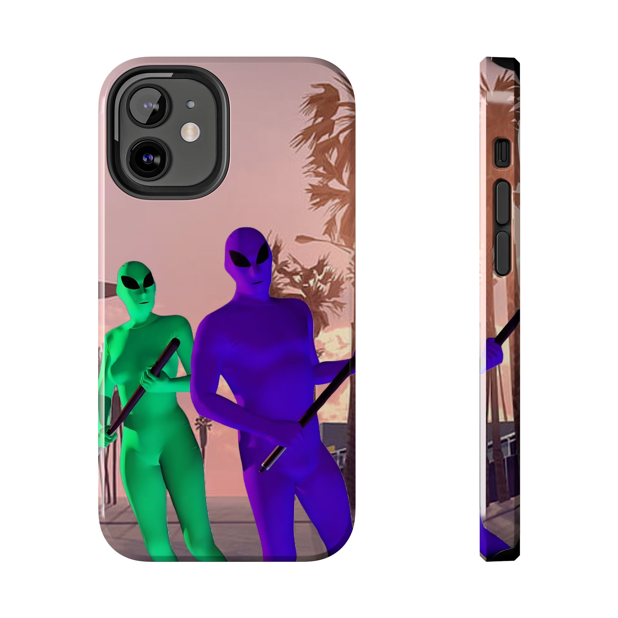 Alien Duo Tough Phone Case — Retro Sunset Sci‑Fi Design