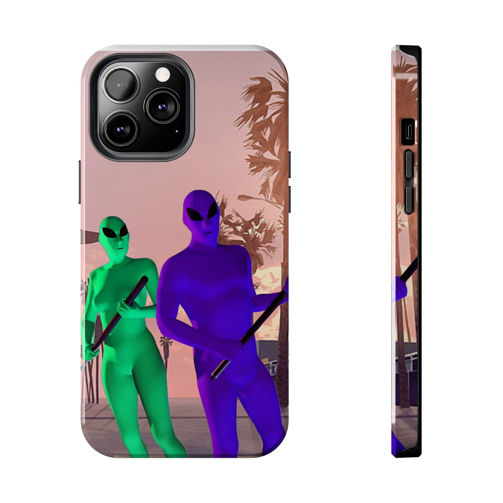 Alien Duo Tough Phone Case — Retro Sunset Sci‑Fi Design