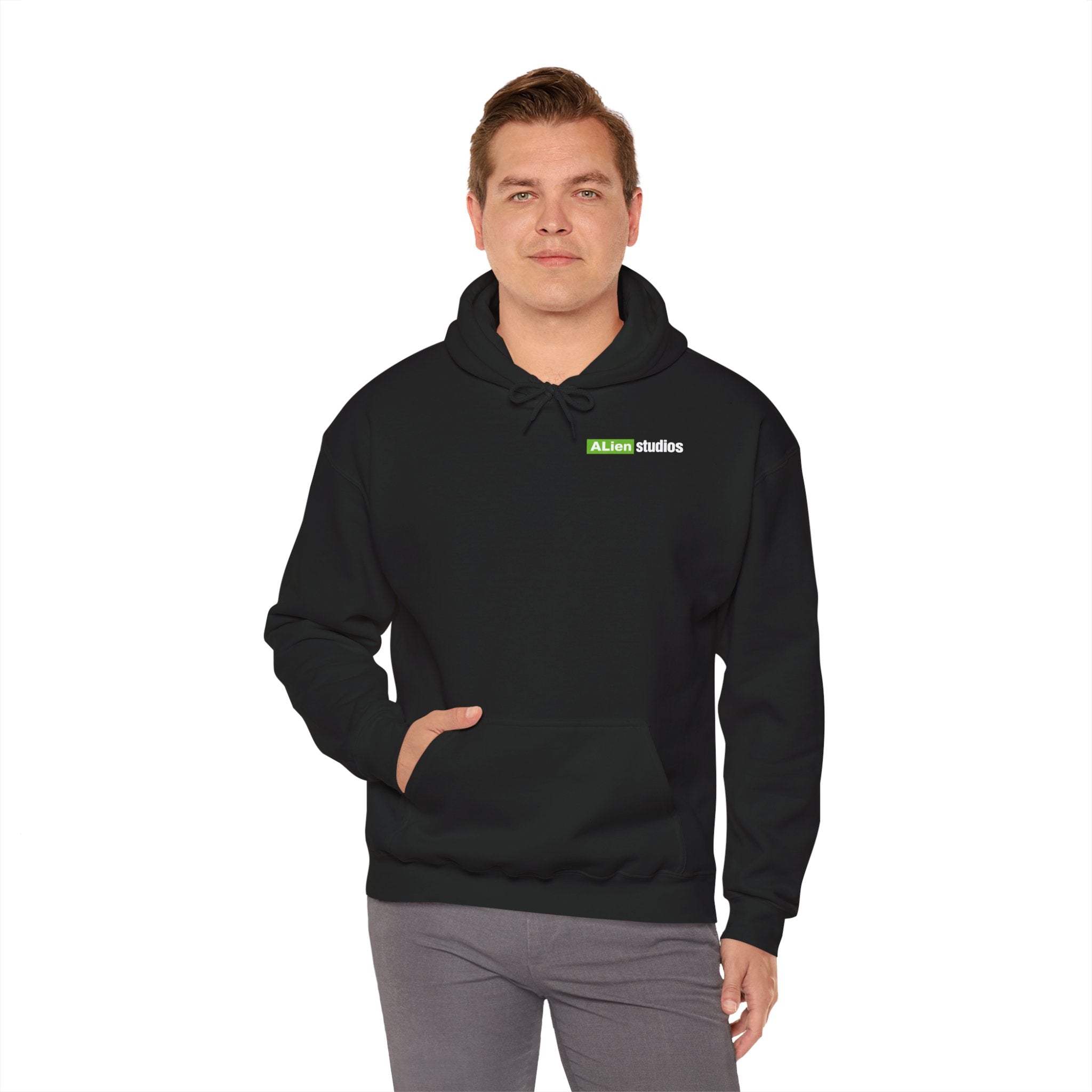 Alien Studios logo Hoodie | Branded Graphic Pullover, Black Logo Sweatshirt