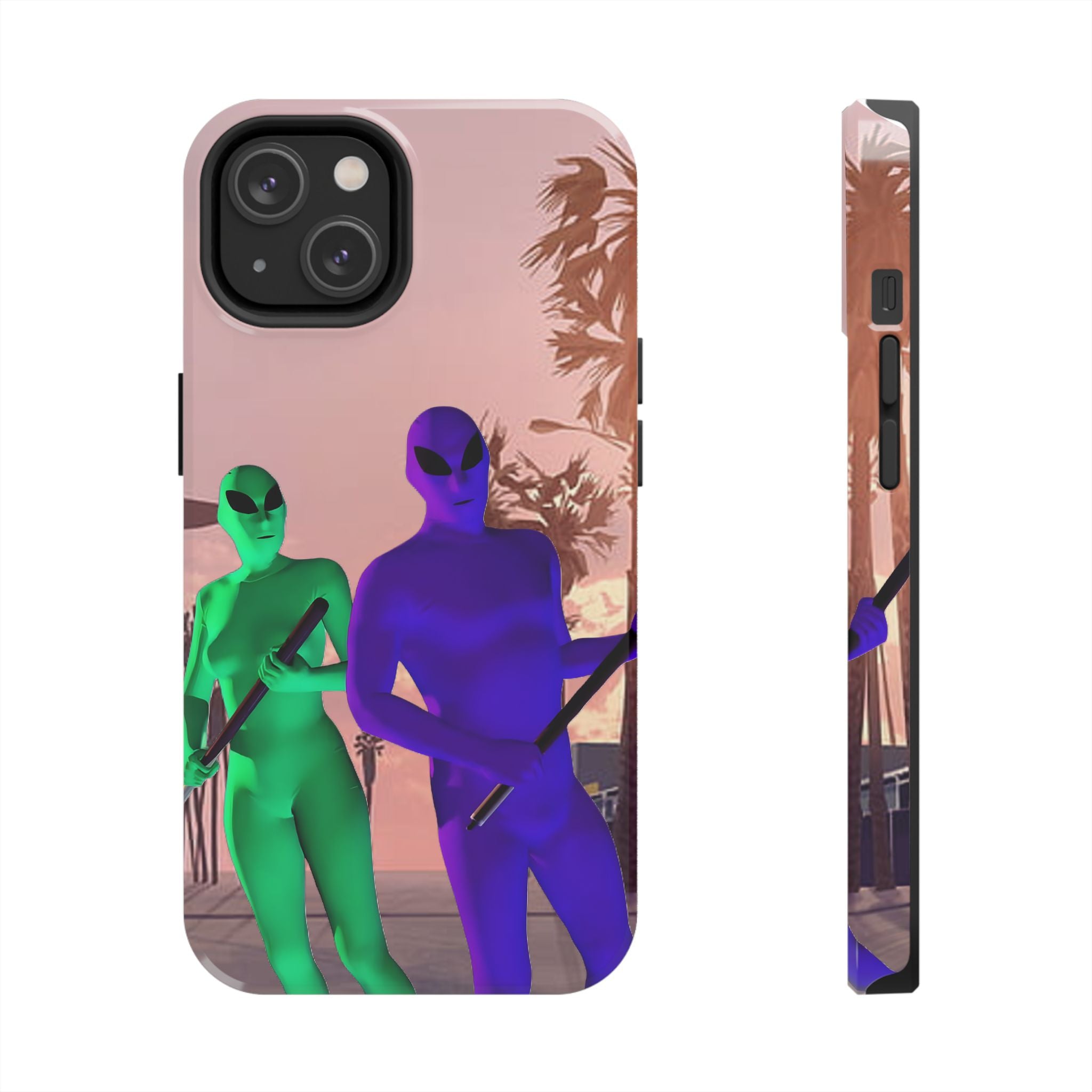 Alien Duo Tough Phone Case — Retro Sunset Sci‑Fi Design
