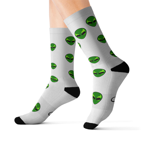 Alien Head Pattern Sublimation Socks — Fun Green Space Crew Socks