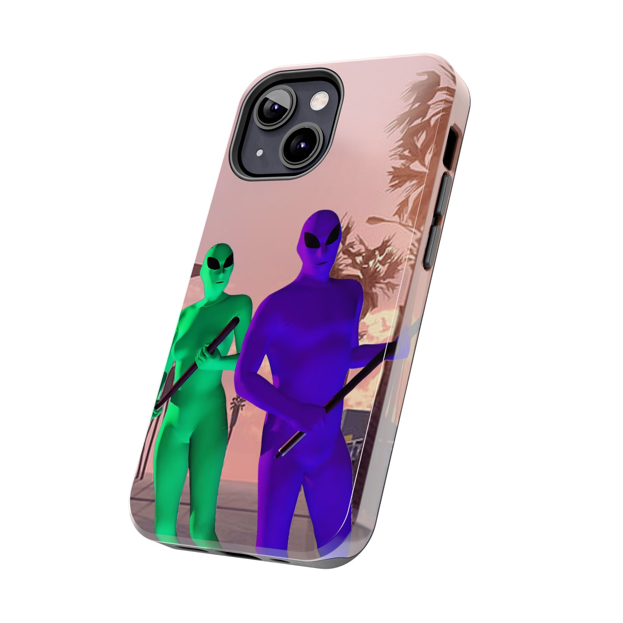 Alien Duo Tough Phone Case — Retro Sunset Sci‑Fi Design