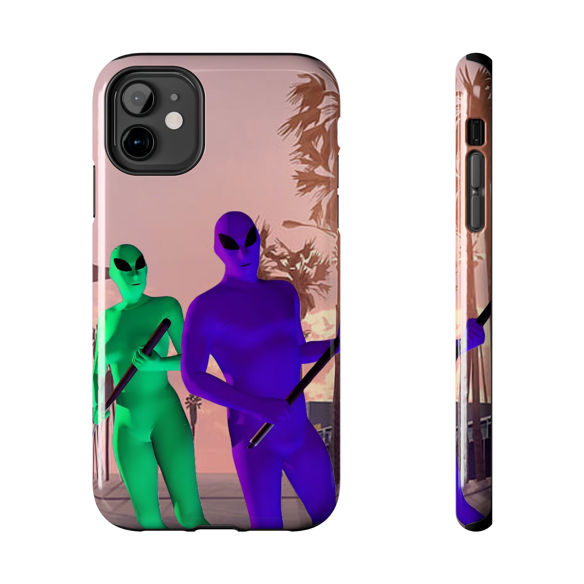 Alien Duo Tough Phone Case — Retro Sunset Sci‑Fi Design