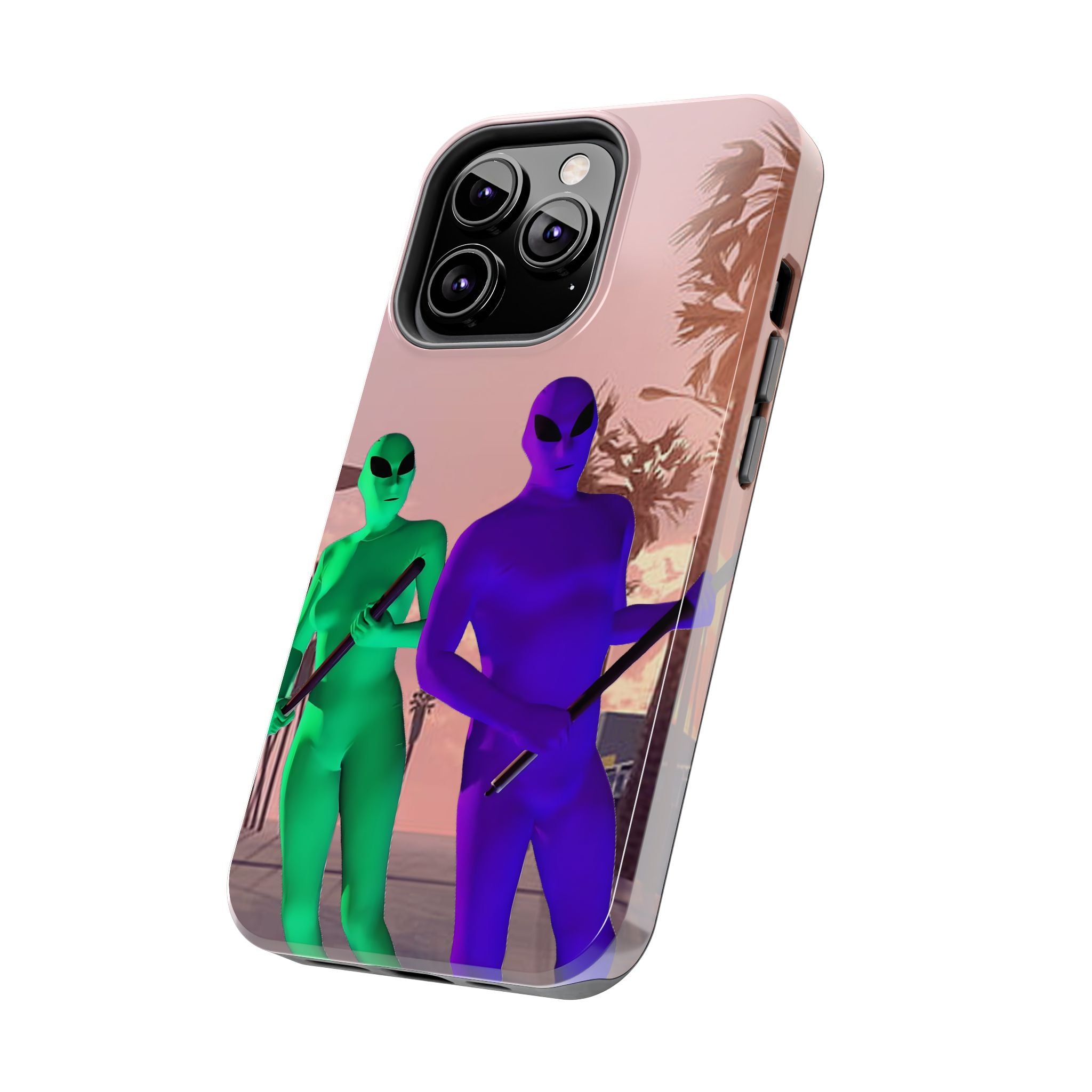 Alien Duo Tough Phone Case — Retro Sunset Sci‑Fi Design