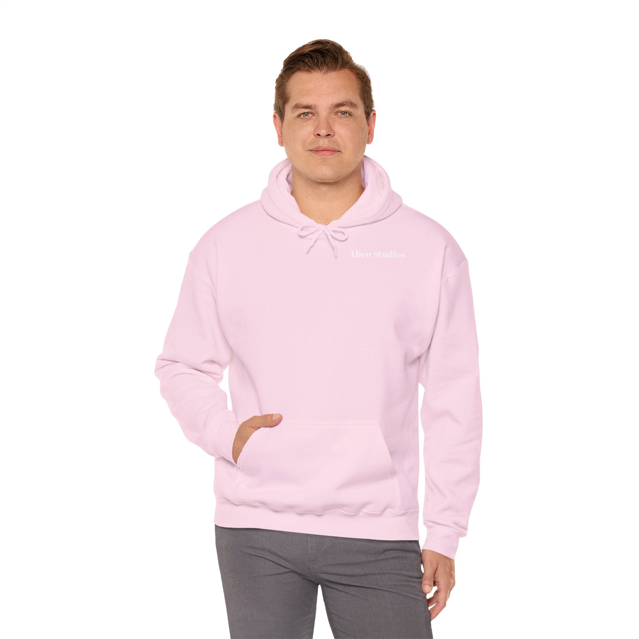 Alien Studios Logo Hoodie | Minimal Back Text, White Pullover