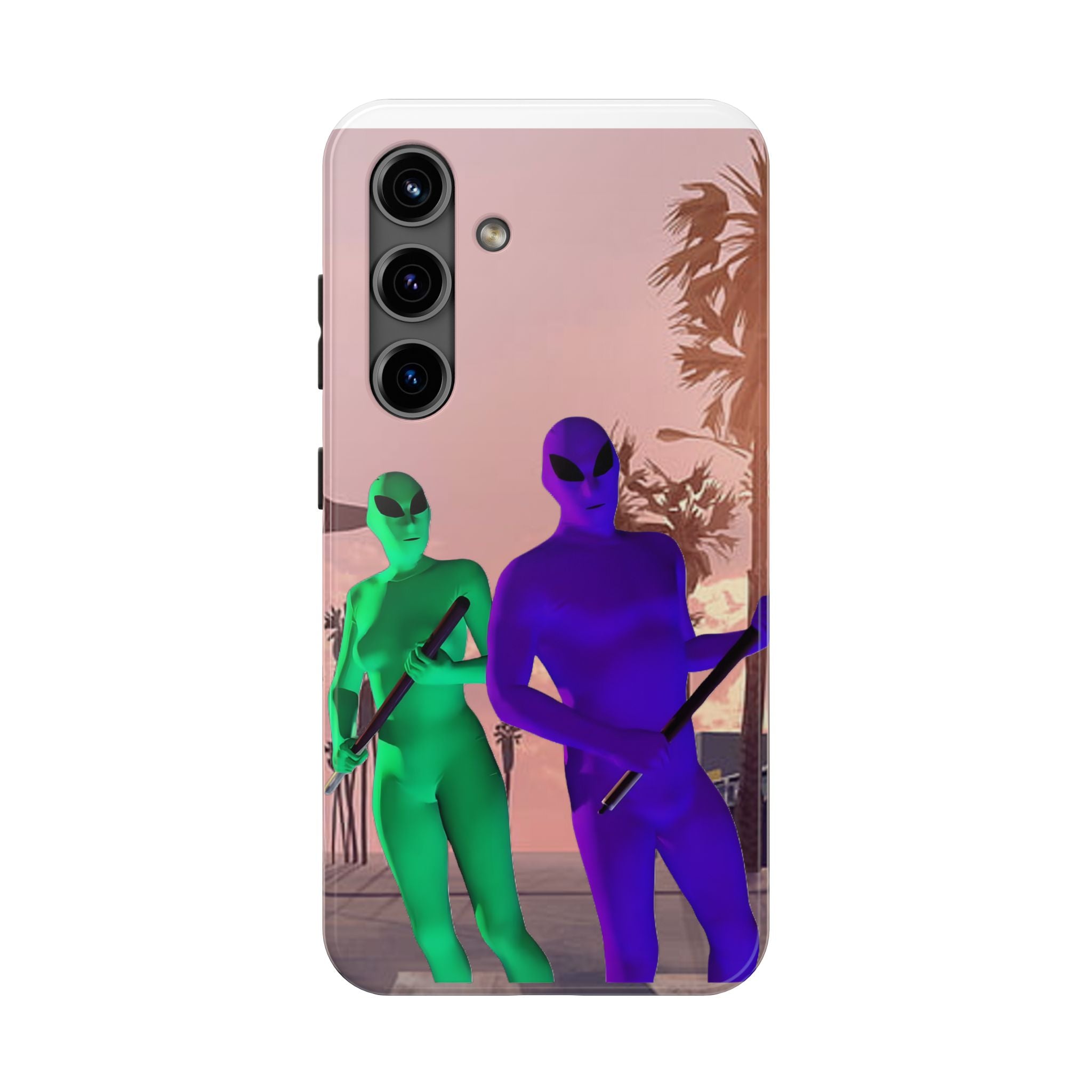 Alien Duo Tough Phone Case — Retro Sunset Sci‑Fi Design