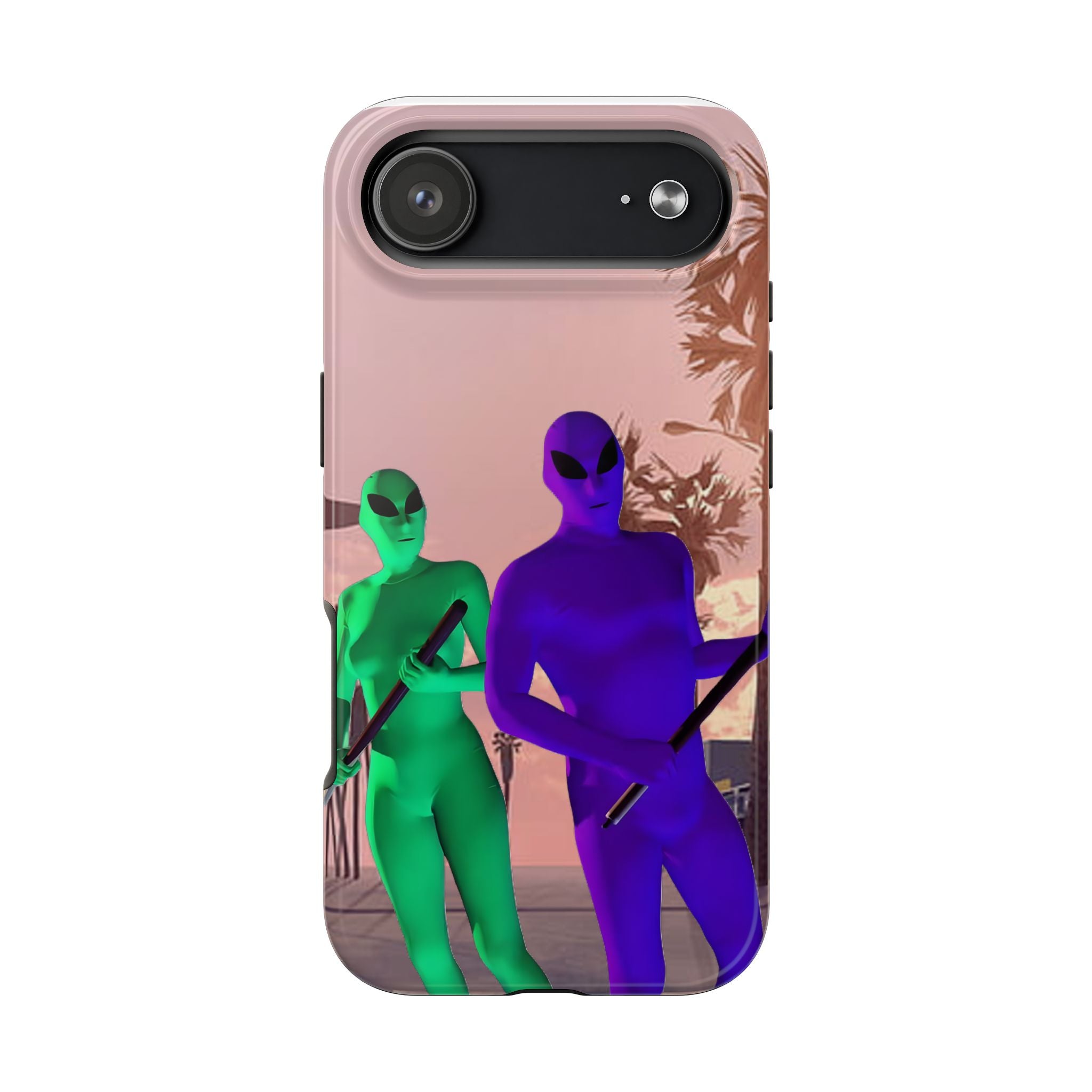 Alien Duo Tough Phone Case — Retro Sunset Sci‑Fi Design