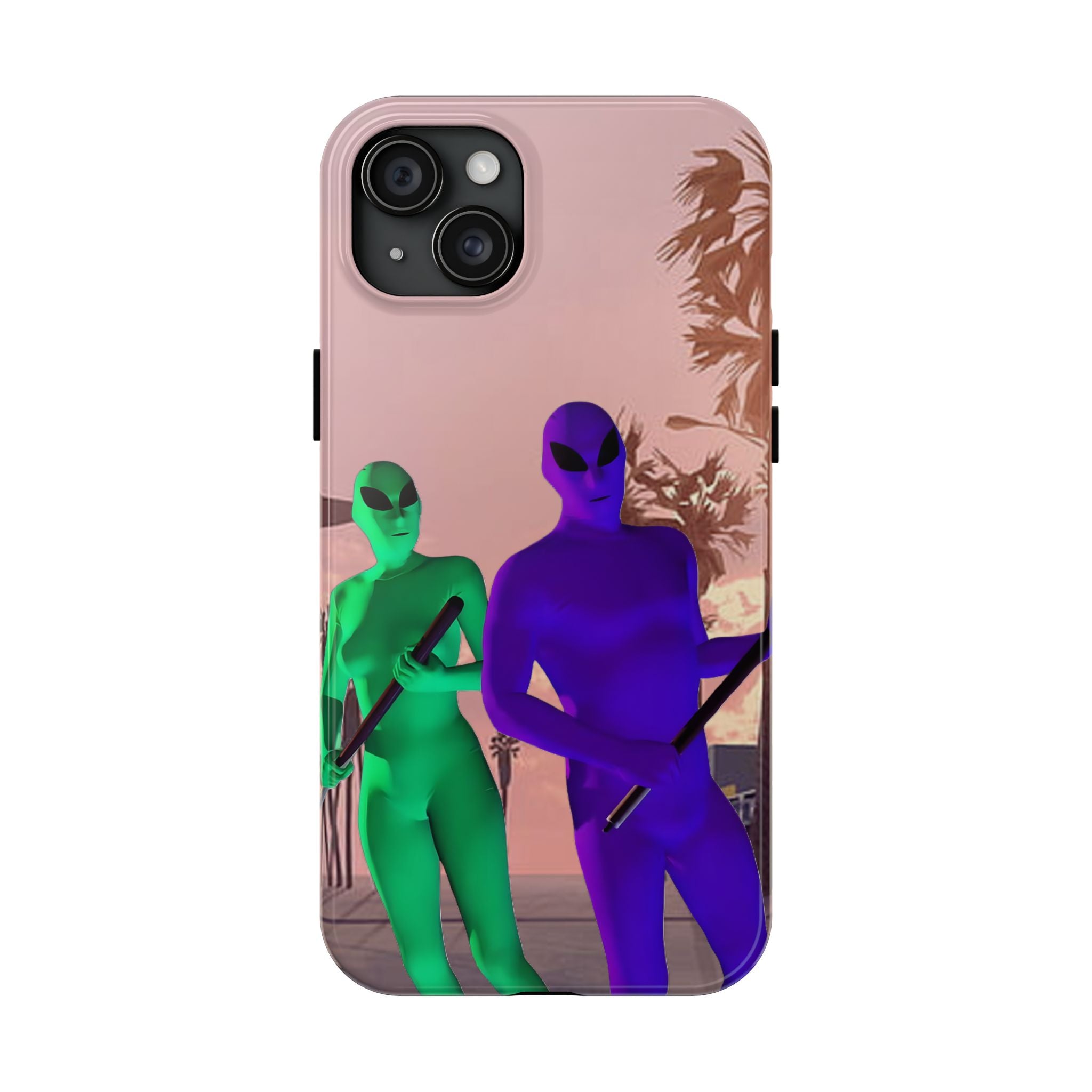 Alien Duo Tough Phone Case — Retro Sunset Sci‑Fi Design